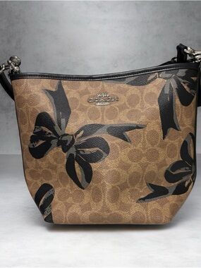 Coach Brown Signature Canvas Shoulder Bag with Black Floral Print